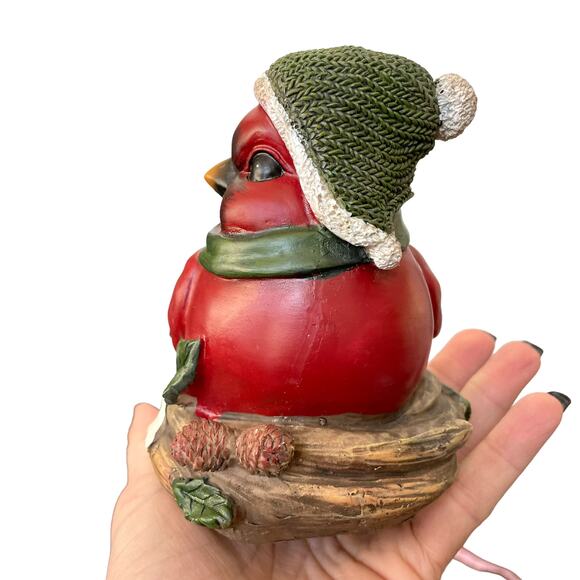 Cardinal Bird In Nest Figure Red Green Hat Scarf Winter Resin Decor CHIP READ - Picture 9 of 14